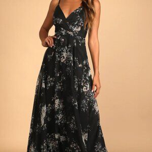 New Lulus Mood of the Night Floral Print Flowy Maxi Dress Chiffon Bird 1X Formal